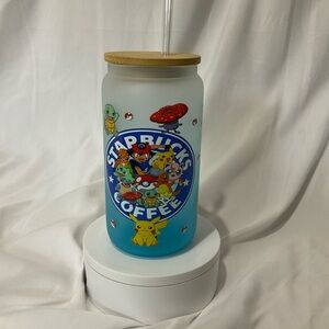 16 Ounce Handmade Blue Ombre Glass Can Cup w/Lid & Straw Starbucks Poke Coffee